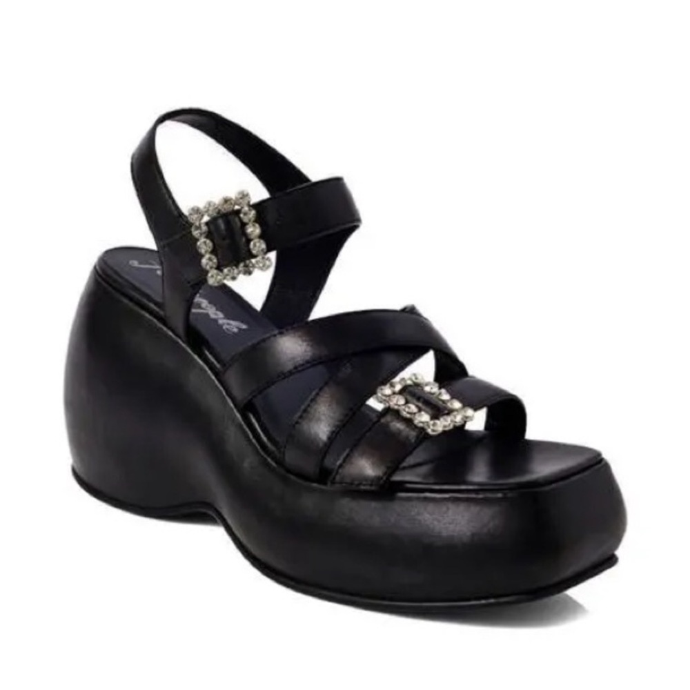 New Free People Brooklyn Ankle Strap Platform Sandal Black Leather Size 7.5